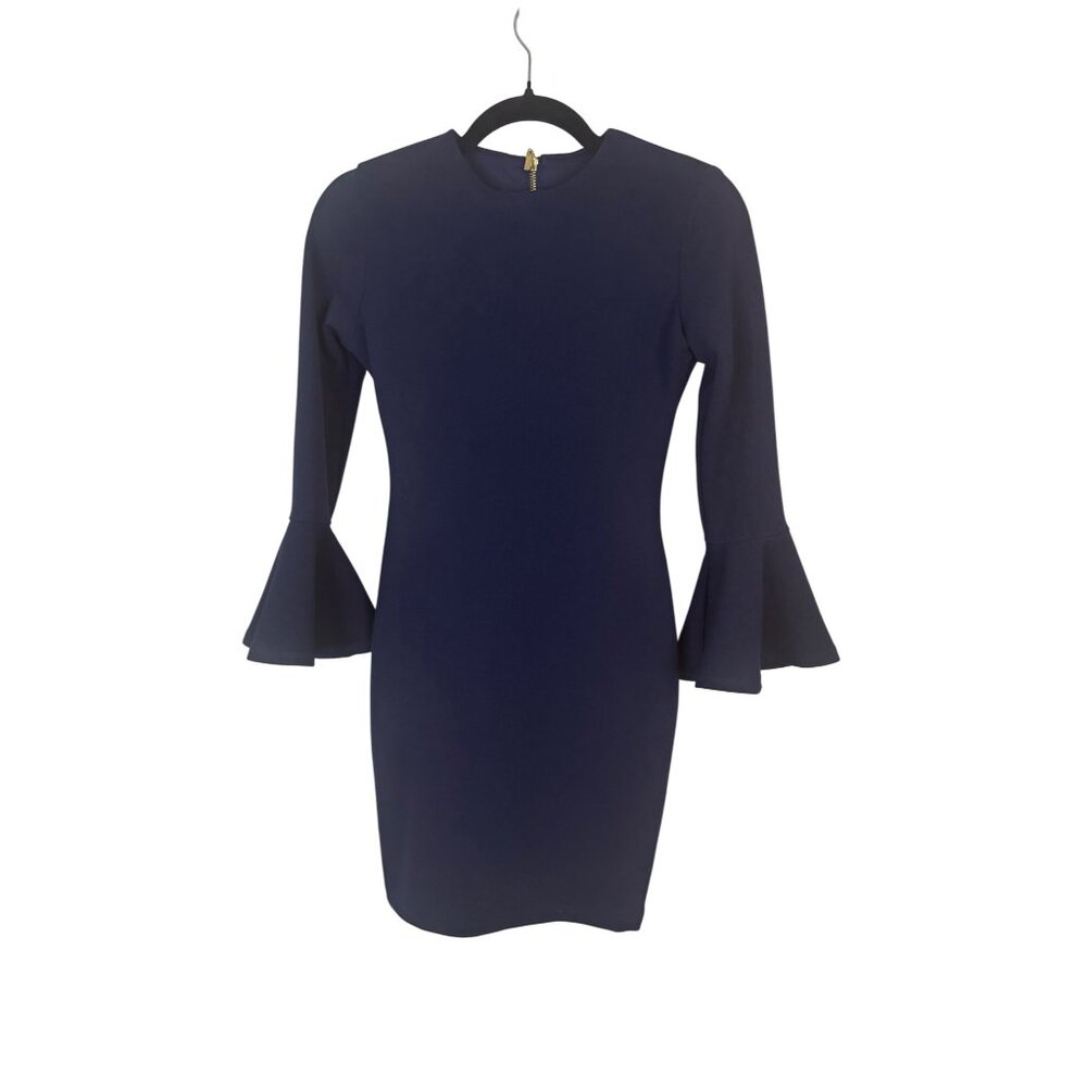 2/$30 B DARLIN Small Navy Blue Bell Sleeve Mini Dress Gold Back Zipper